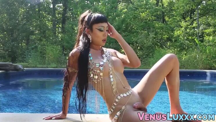 Winsome breasty asian shemale Venus Lux is making dude cum outside