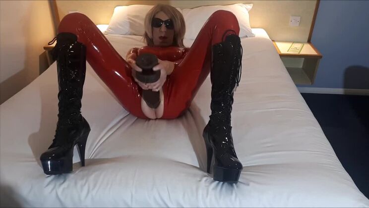 RachelSexyMaid 39 Red Latex Catsuit Monster Dildo Session